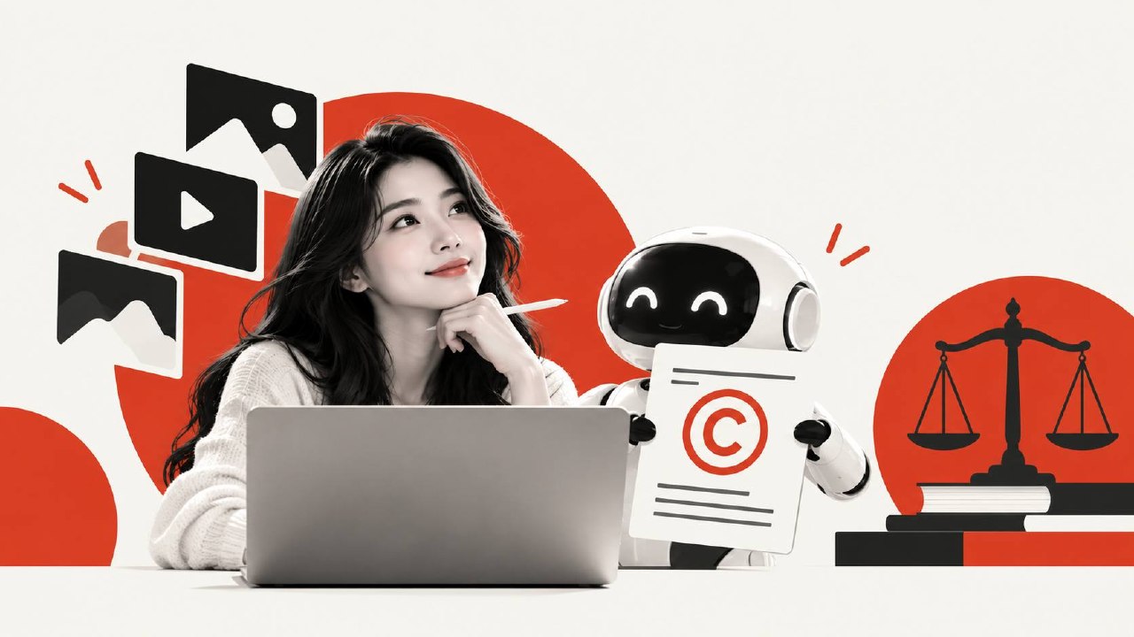 An illustration of a person working at a laptop beside a white robot holding a document marked with a large copyright symbol, with image and video icons and a set of scales of justice on a red field behind them