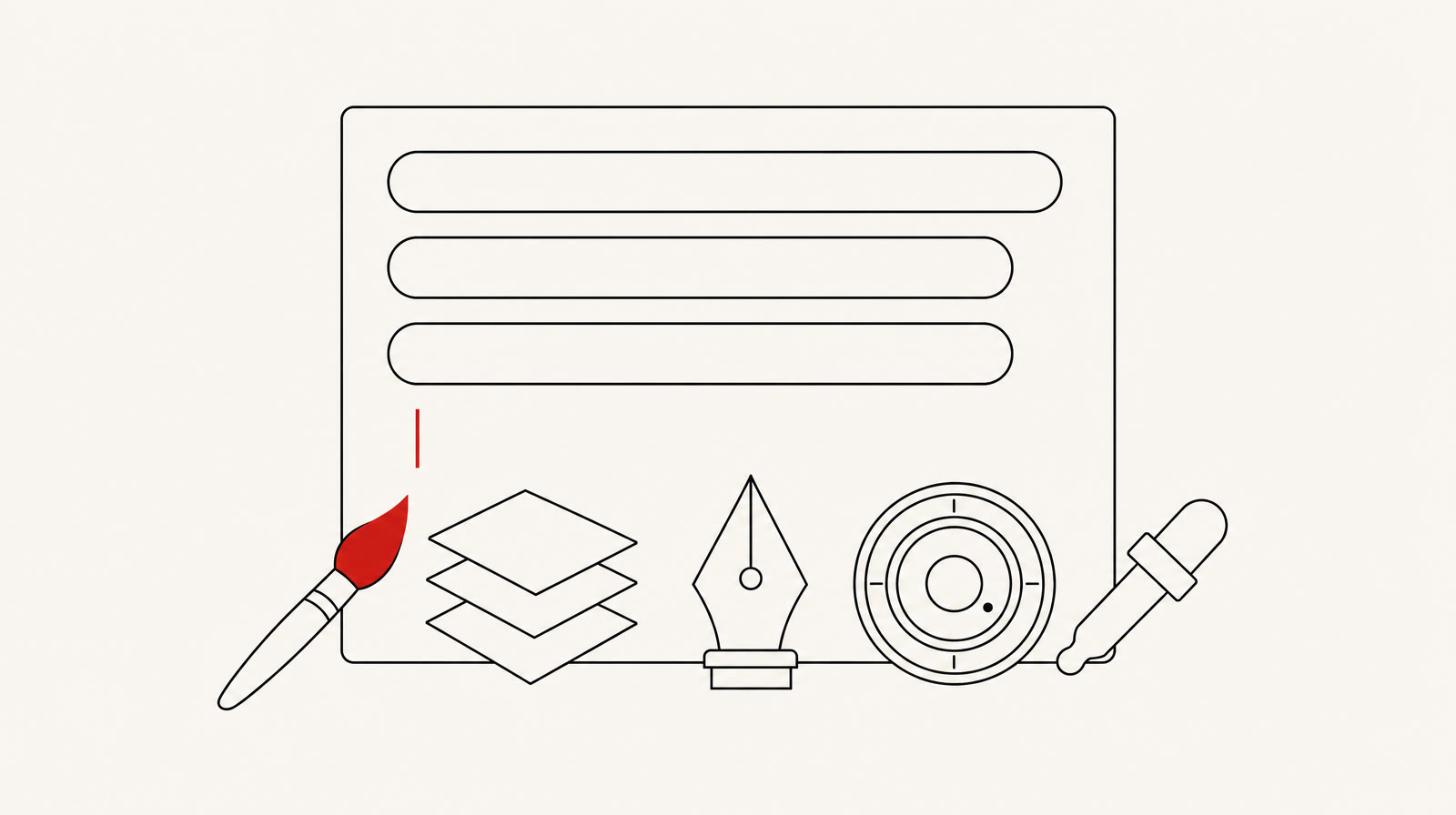 A chat window drawn as a plain outlined panel with three blank message bars, a paintbrush, a stack of layer panels, a pen nib, a camera lens and an eyedropper resting inside it